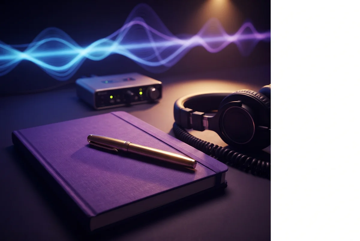 A creative music-production toolkit scene with headphones, a purple notebook, a gold pen and coloured sound waves