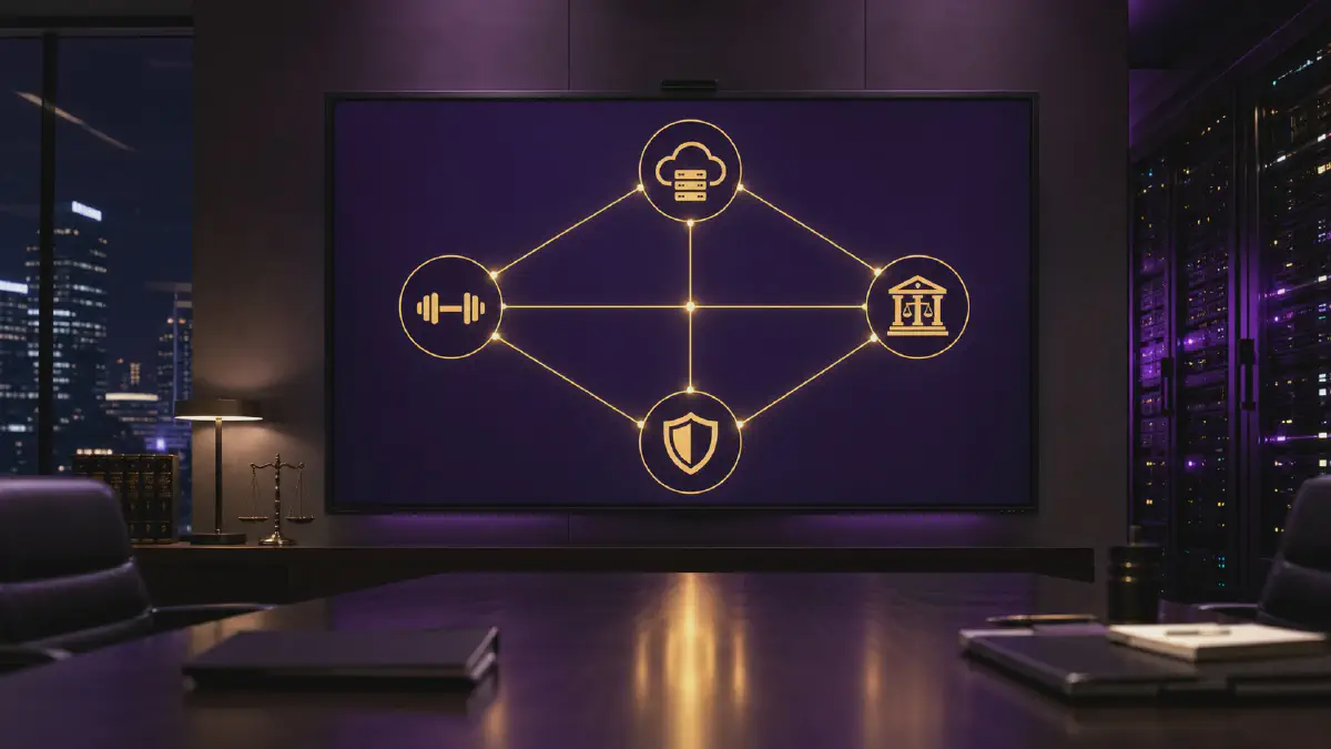Who is liable for AI agent cyberattacks Australia, technology and law firm graphic in purple and gold
