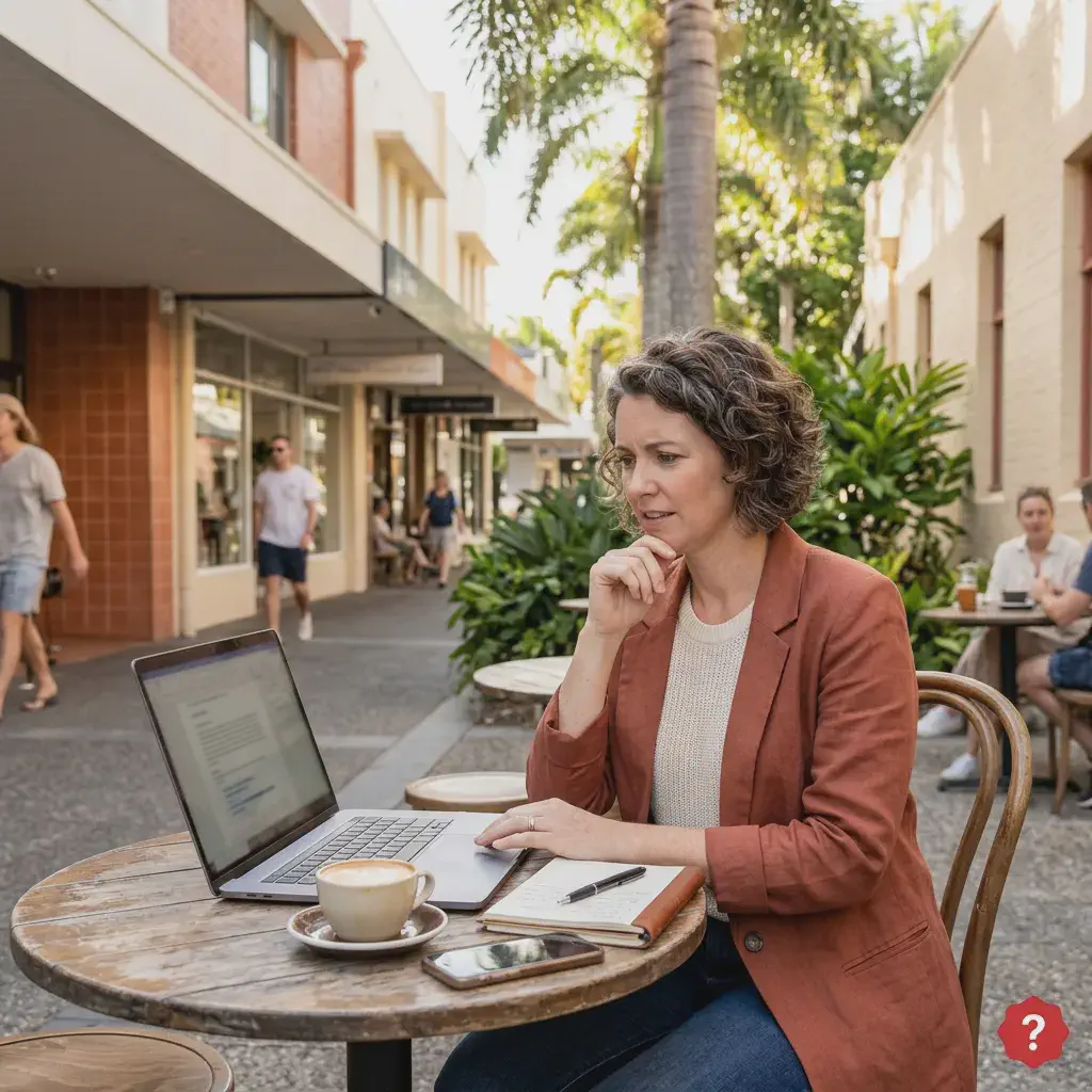 Gold Coast business owner reviewing AI-generated website content on a laptop at an outdoor cafe for Legal Matters Episode 18