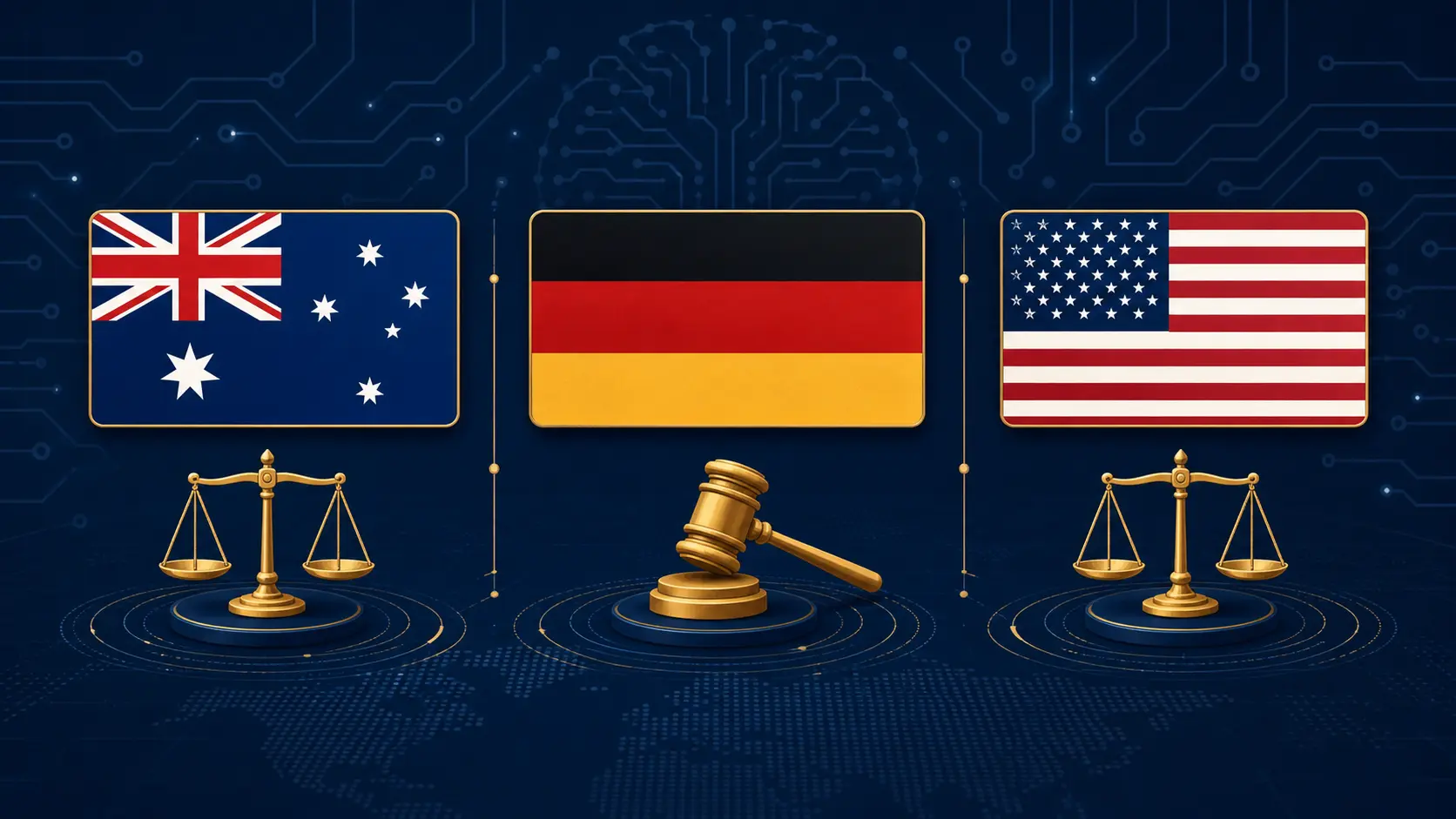 Illustration comparing Australian, German and US approaches to AI defamation law