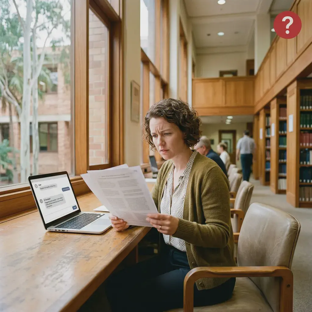 Australian lawyer reviewing court documents with a laptop open showing a warning about AI-generated citations for Legal Matters Episode 18