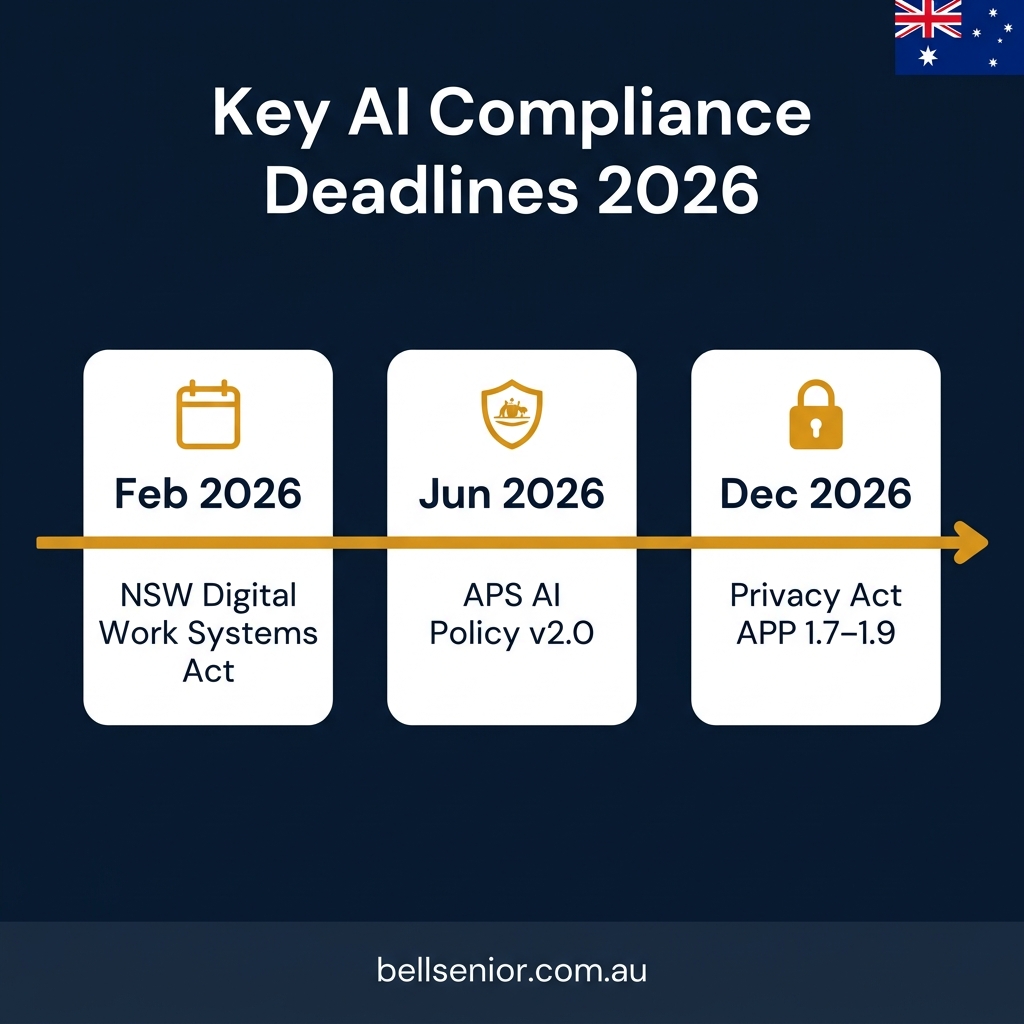 Infographic timeline of key 2026 AI legal dates for Australian businesses — February (NSW Digital Work Systems Act), 15 June (APS AI Policy v2.0), 10 December (Privacy Act APP 1.7–1.9).