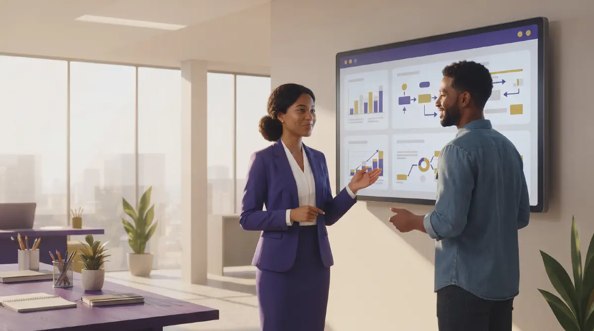 Lawyer and technologist reviewing a data dashboard together in a modern office