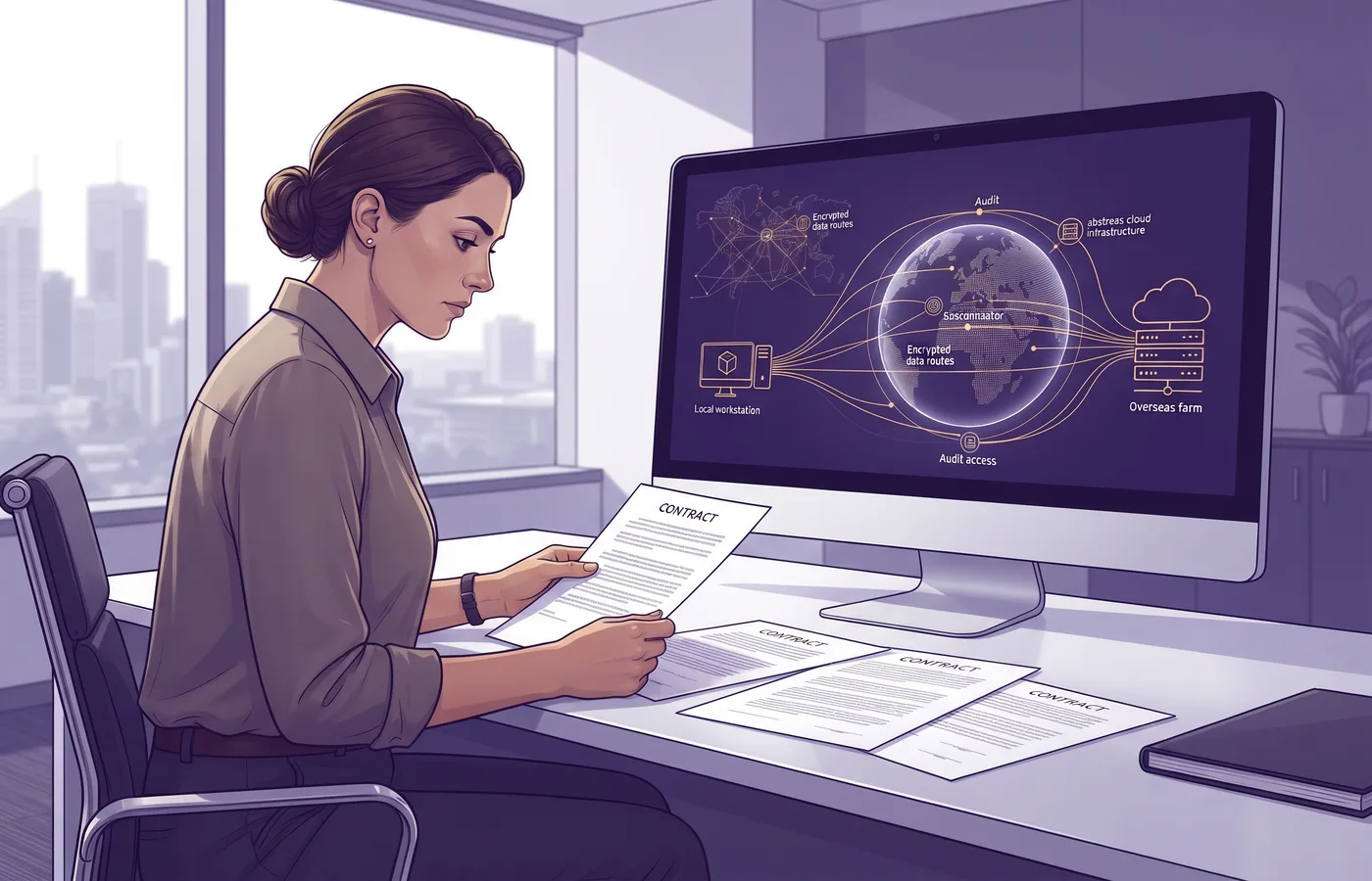 Australian business reviewing contracts while data and AI services connect to overseas cloud infrastructure