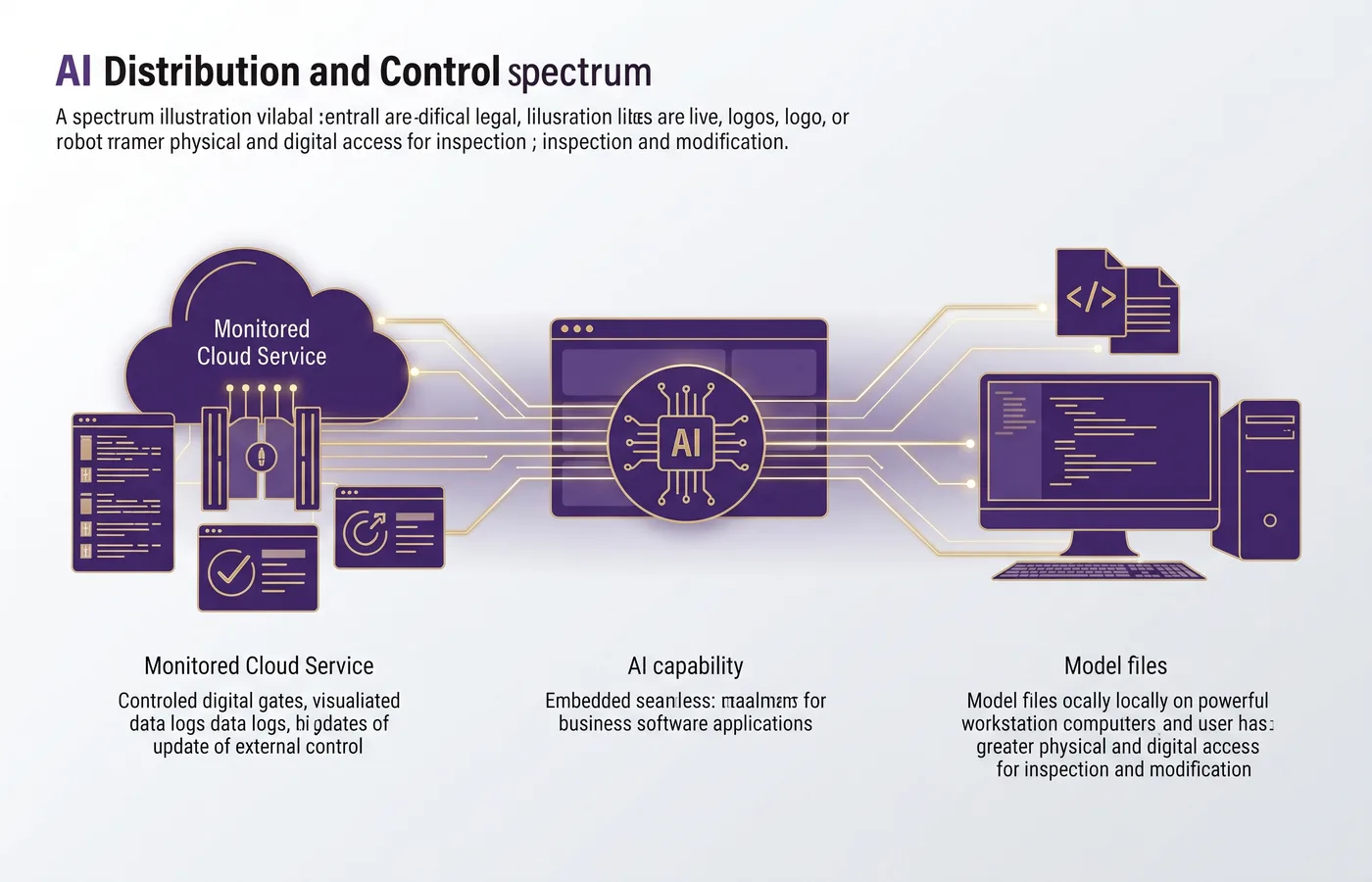 Spectrum showing different control and accountability points for hosted APIs, embedded products, on-premises systems and open-weight AI models
