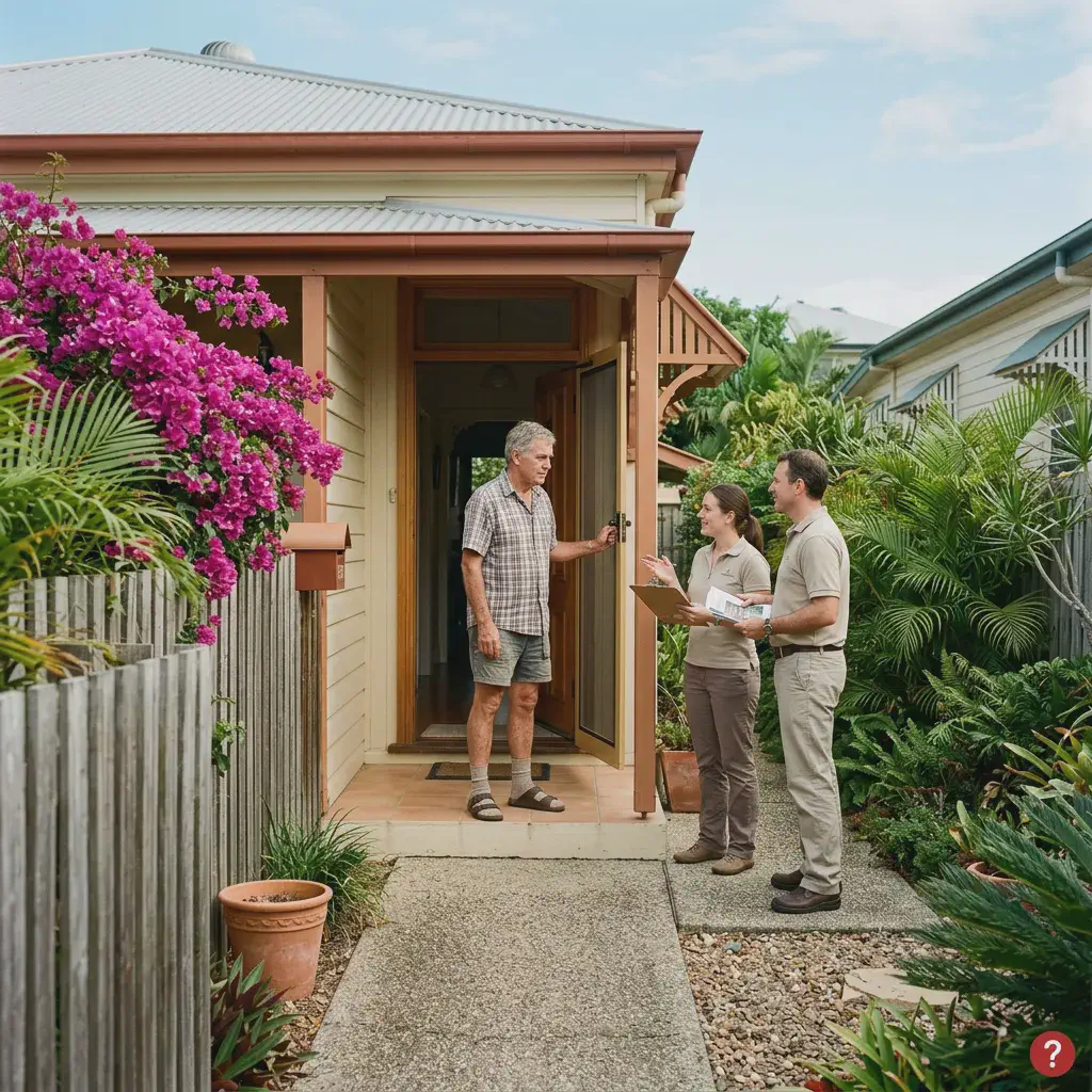 Queensland suburban front door showing a resident speaking cautiously with door to door salespeople illustrating consumer rights for Legal Matters Episode 18