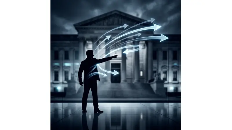 Abstract conceptual image showing accusatory arrows reversing direction in a courtroom setting