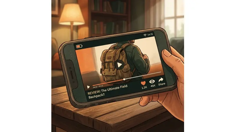 Stylised illustration of a product review video on a laptop screen with battery icon