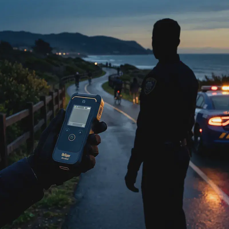 Police conducting a breath test near a coastal bike path in warm light