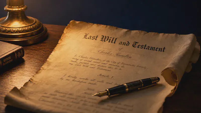 An antique will document and fountain pen on a dark desk representing a will dispute