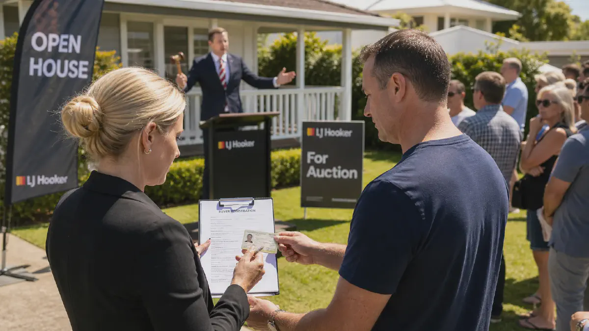 A real estate agent verifying a bidder&rsquo;s identity at a property auction under new AML rules