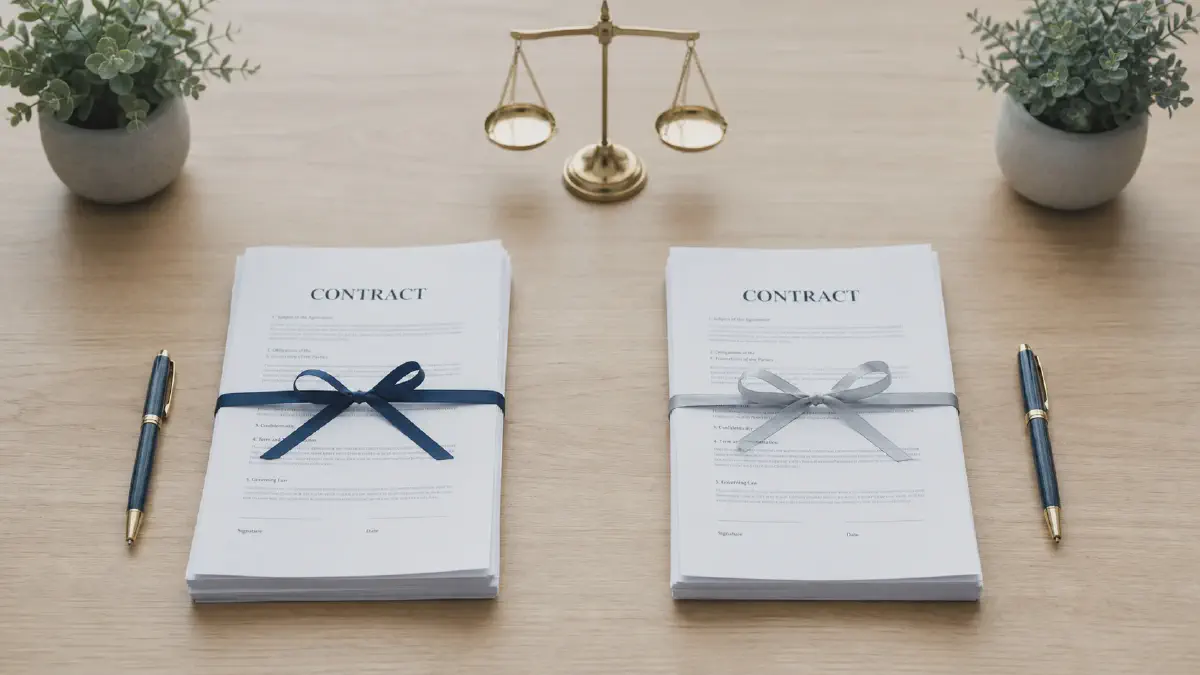 Two separate contract stacks representing independent legal advice for a binding financial agreement