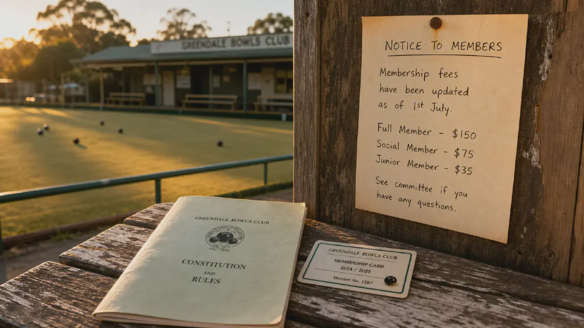 A club noticeboard displaying a fee increase notice beside a membership booklet