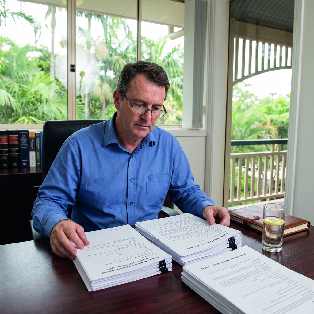 Queensland property vendors reviewing Form 6 and Form 2 documentation