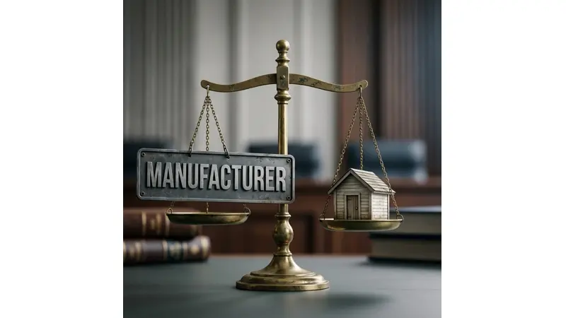 Scales of justice balancing a manufacturer sign against a residential shed
