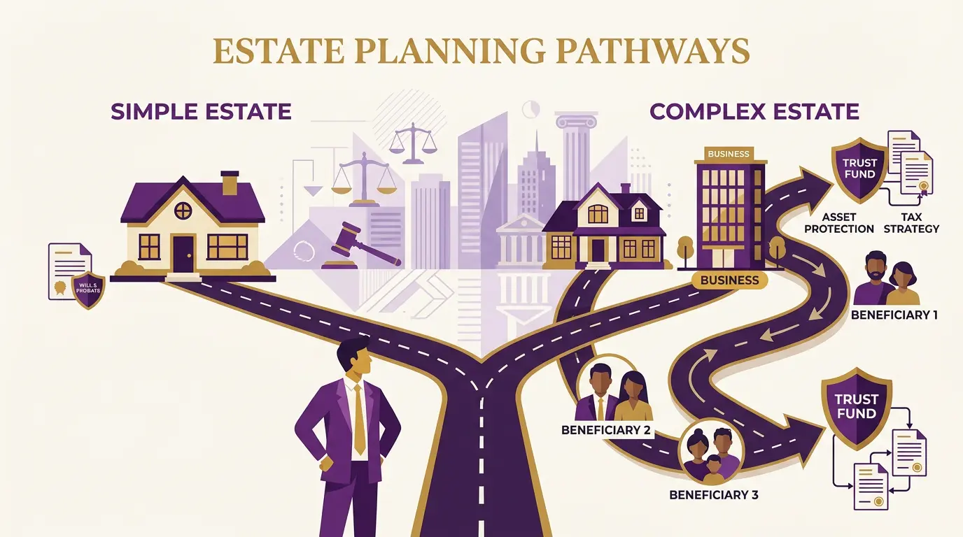 Two paths diverging — one labelled simple estate, one labelled complex estate with property, business, and family icons