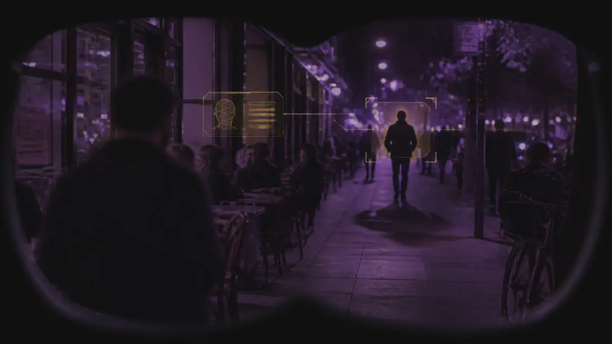 AI identification overlay showing a real-time face recognition interface on smart glasses, representing privacy law issues of ambient AI recording in Australia