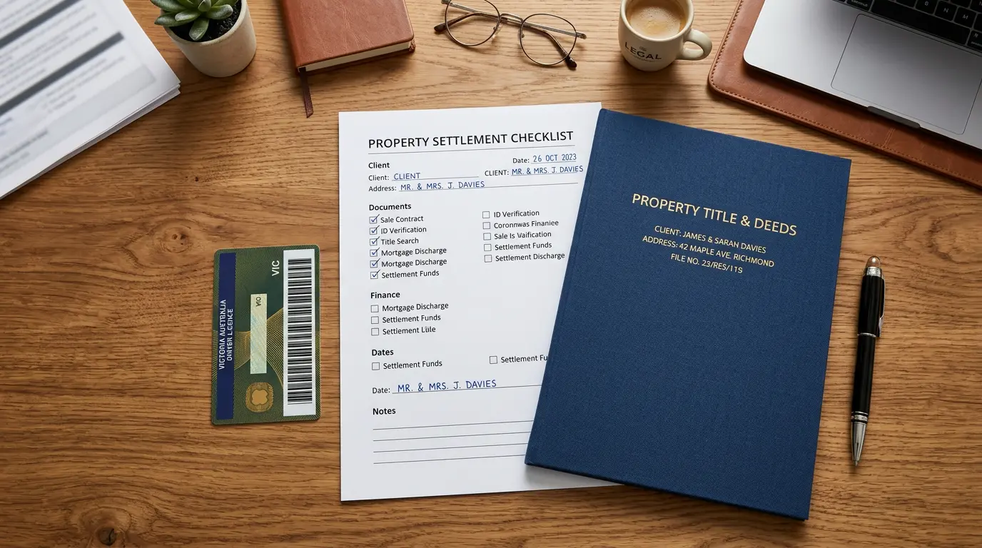 A desk with a checklist, identification documents, a property title page, and a pen ready for a will appointment