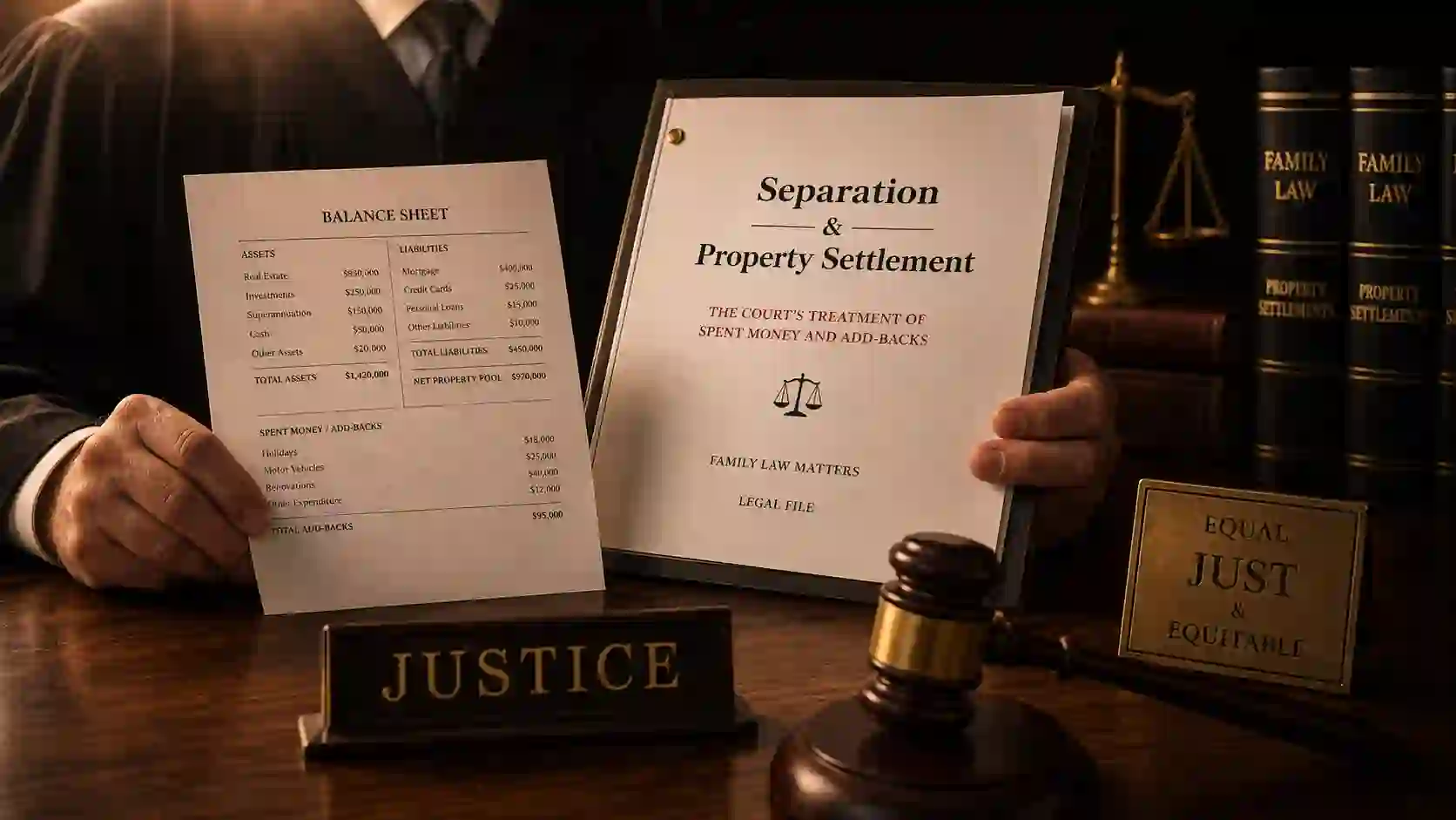 A judge's hand holding a balance sheet and legal file on a polished wooden bench, symbolising court treatment of spent money and add-backs in family law.