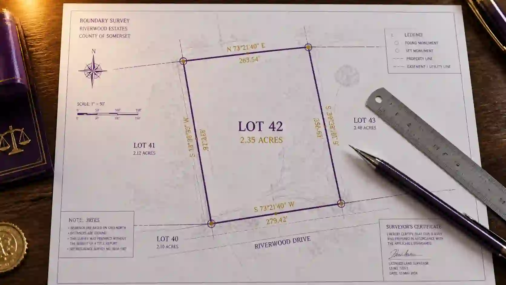 A surveyor measuring a rural boundary fence line between two properties, representing boundary encroachments and estate planning.
