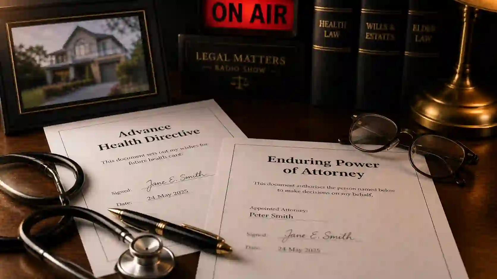 Signed advance health directive and enduring power of attorney documents on a wooden desk with a stethoscope and reading glasses, symbolising medical decision-making and EPOA documents.
