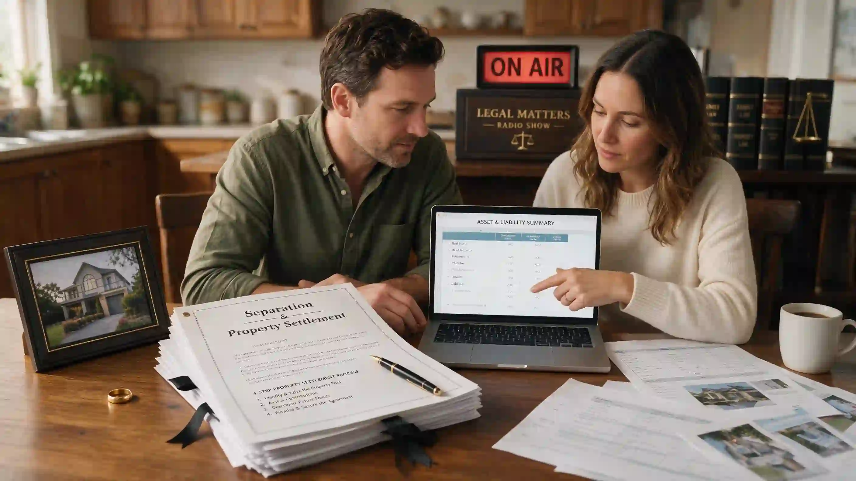 Two people reviewing a spreadsheet and property documents at a kitchen table, symbolising the family law property pool and four-step process.