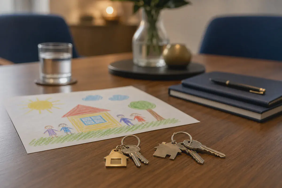 A child&rsquo;s drawing and two sets of house keys placed on a mediation table in navy and gold tones