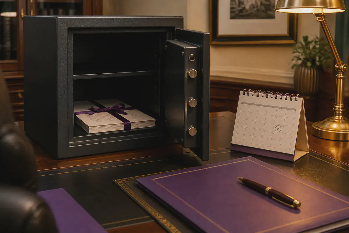 A solicitor&rsquo;s fireproof safe with a bound will document and a three-year review calendar reminder