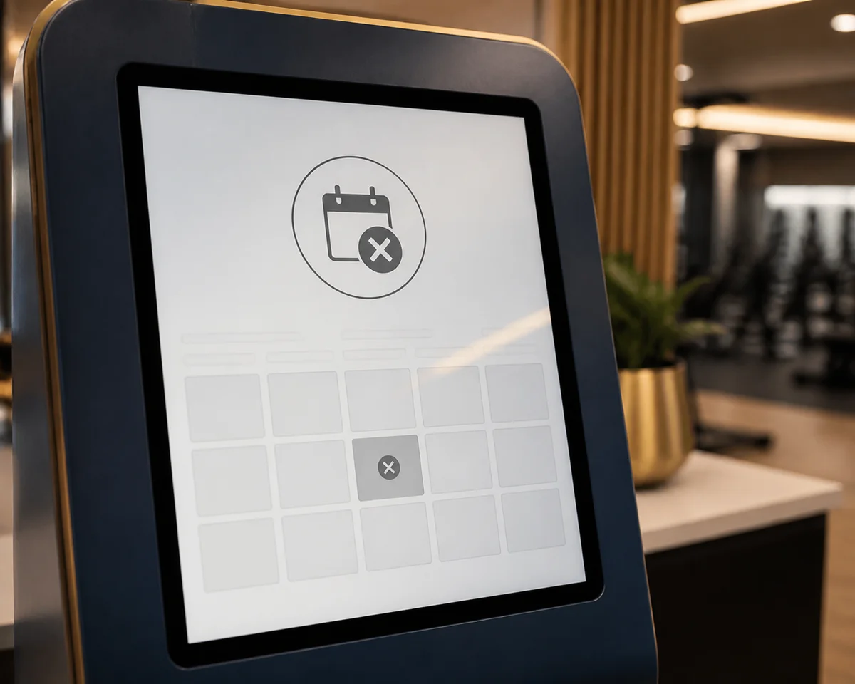 A gym booking kiosk screen showing a cancelled reservation notice, representing AI agent liability questions.