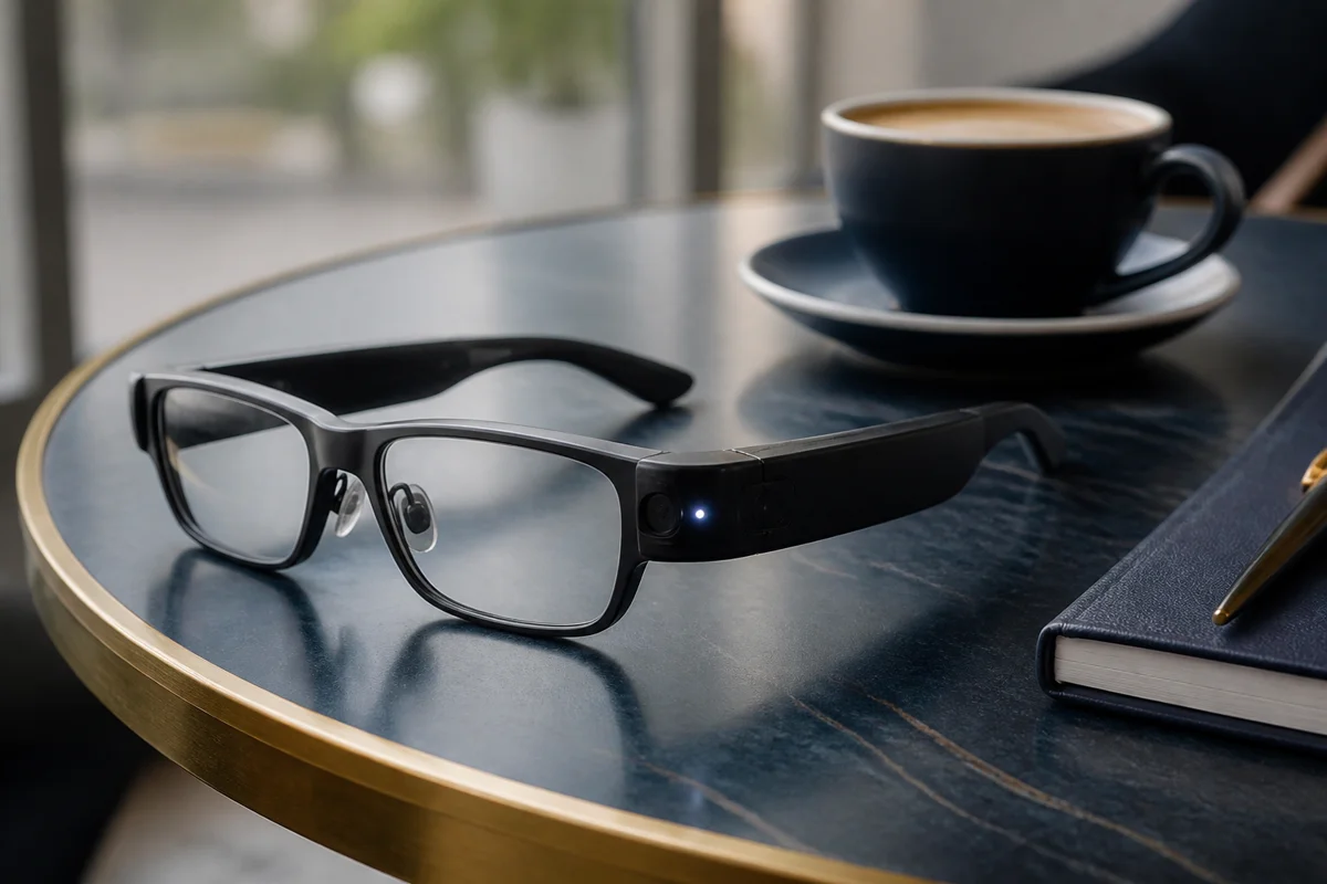 Camera glasses resting on a cafe table with a small LED glowing on the temple, representing smart glasses privacy law.