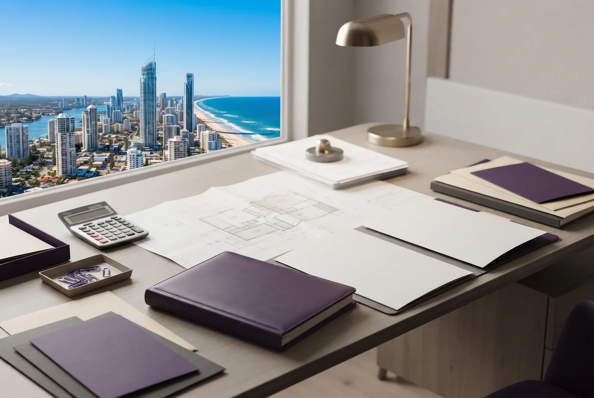 A calm estate-planning consultation setting with two chairs, a closed document folder and a warm desk lamp in royal purple and gold tones