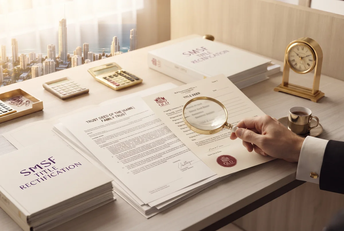 A professional property and superannuation file review with a folded site plan, title documents and a calculator, coloured in royal purple and gold accents
