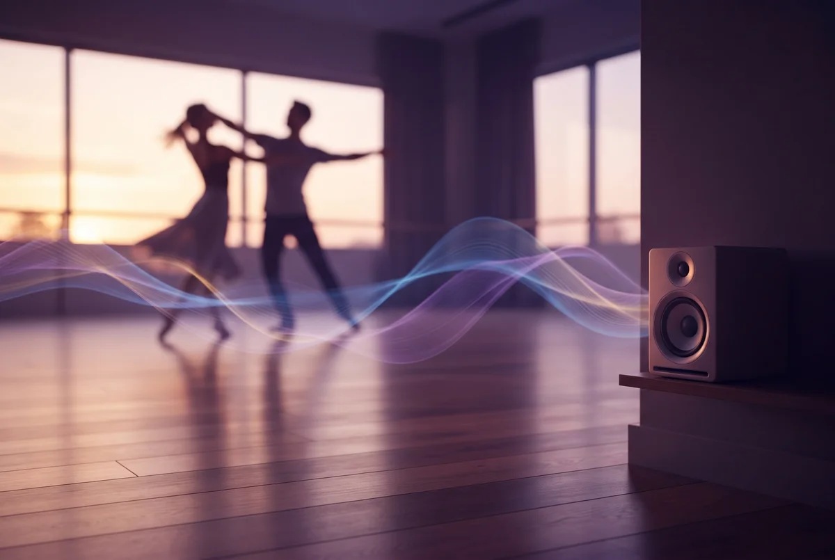 An energetic but elegant dance studio scene with coloured music lights, a small speaker and abstract digital music waves in rich purple, sunset orange and gold tones