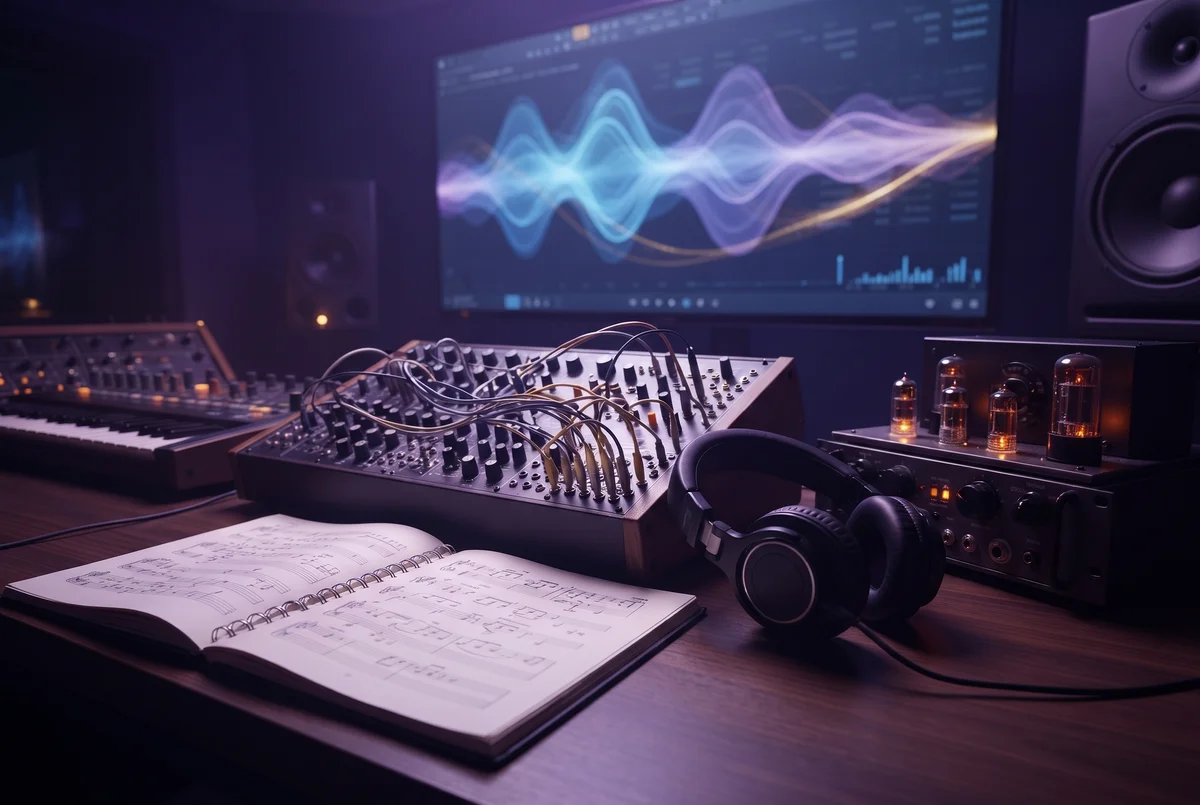 A vivid contemporary music studio with a mixing desk, synthesiser keys, headphones and a colourful waveform projection in royal purple, cobalt blue and warm gold light
