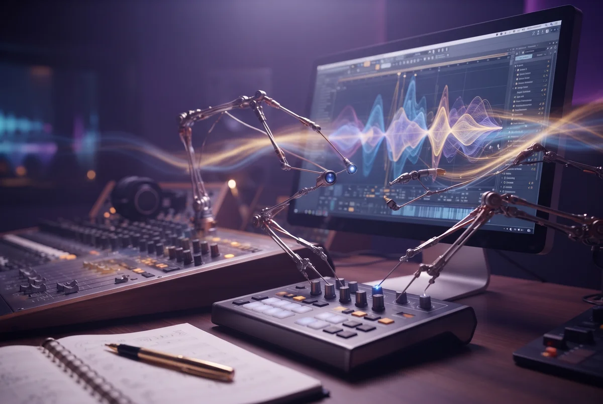 Hands adjusting a music-mixing console beside handwritten lyric pages and layered coloured audio waveforms, showing human creative direction in AI-assisted music