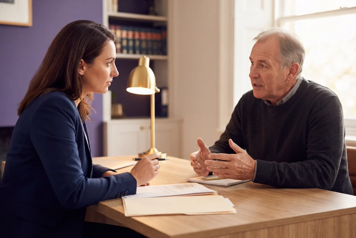 A solicitor listening attentively across a desk while a client speaks, an open folder and pen between them, warm royal purple and gold tones