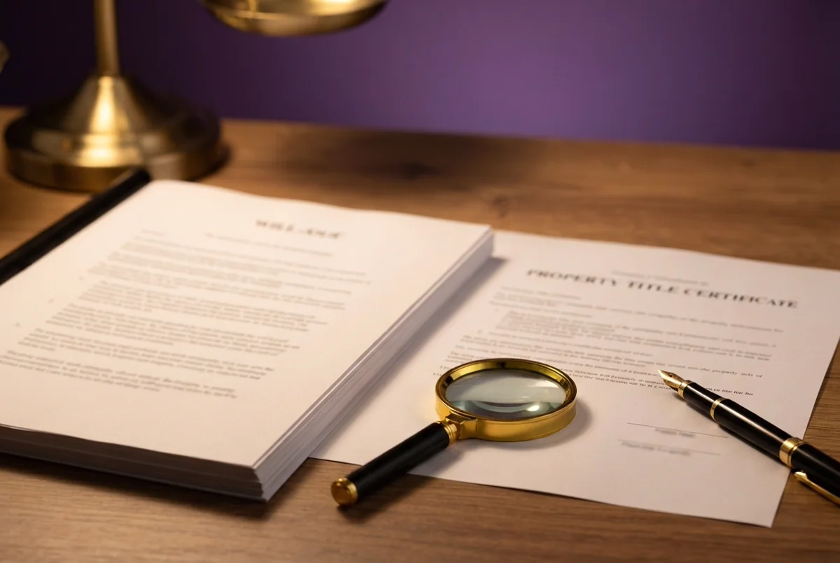 A will document and a printed property title sitting on a desk beside a magnifying glass and a gold-topped fountain pen, royal purple background lighting