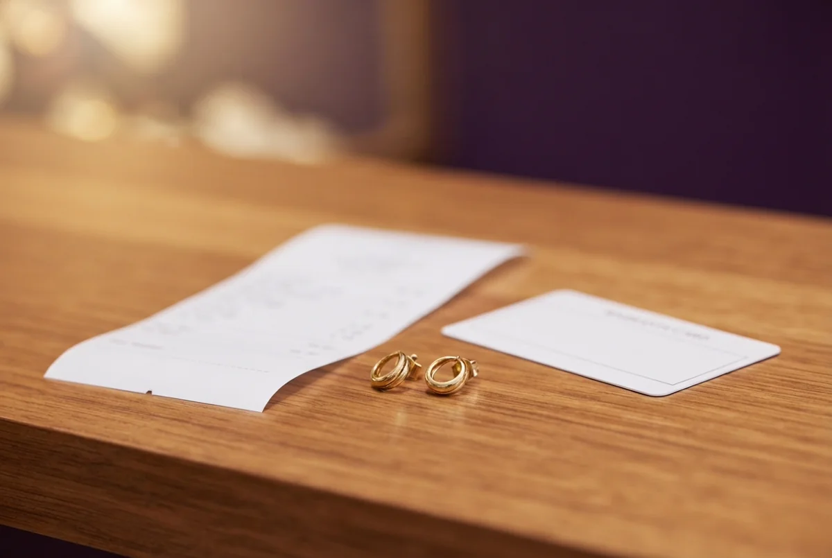 A pair of gold earrings resting on a store counter beside a printed receipt and a small warranty card, soft royal purple and gold lighting