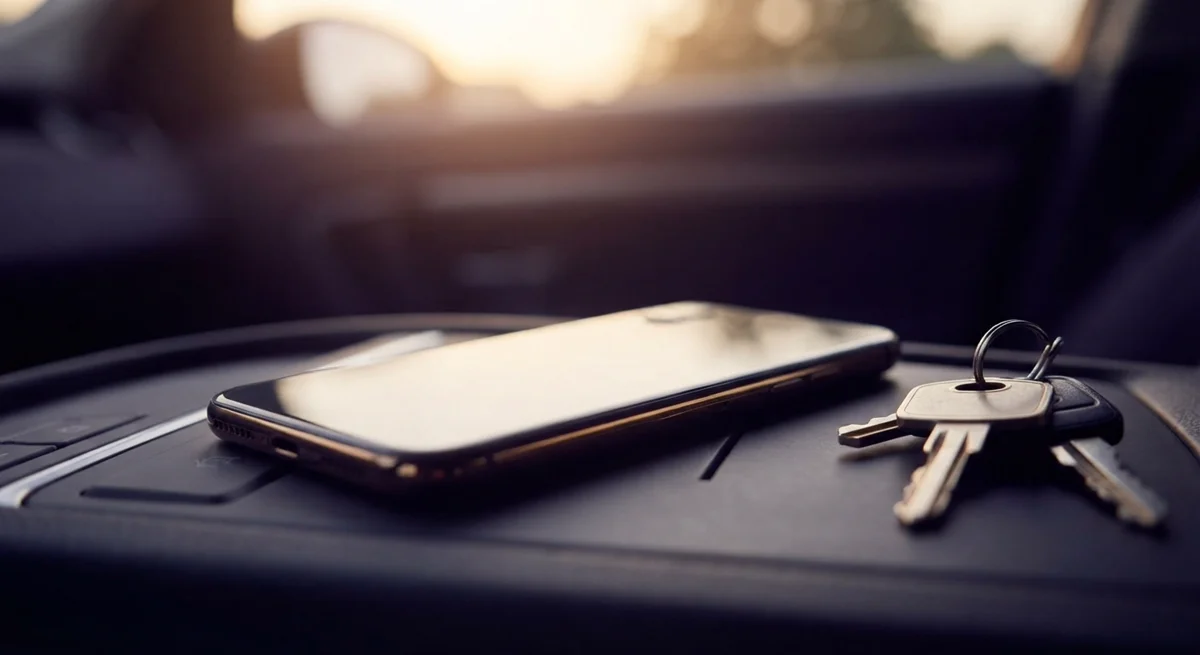 A smartphone resting face down on a car console beside keys, softly lit in purple and gold tones, representing phone privacy at a police stop