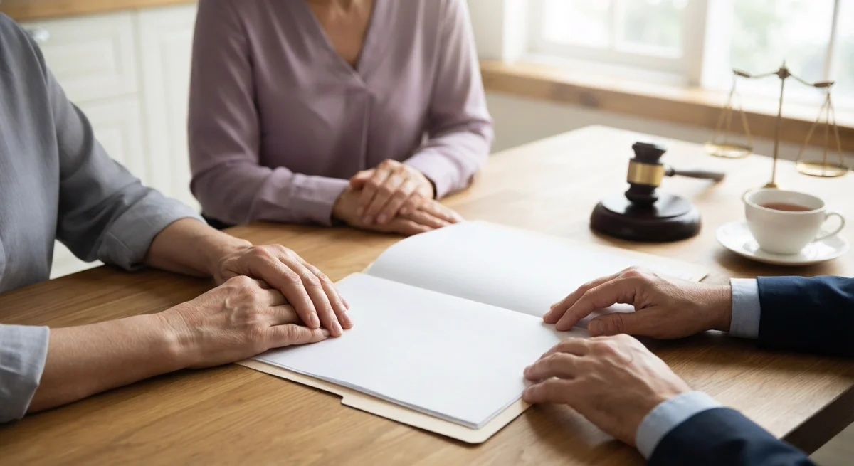 Two hands reviewing an estate planning folder together at a warm-lit kitchen table with soft purple and gold tones