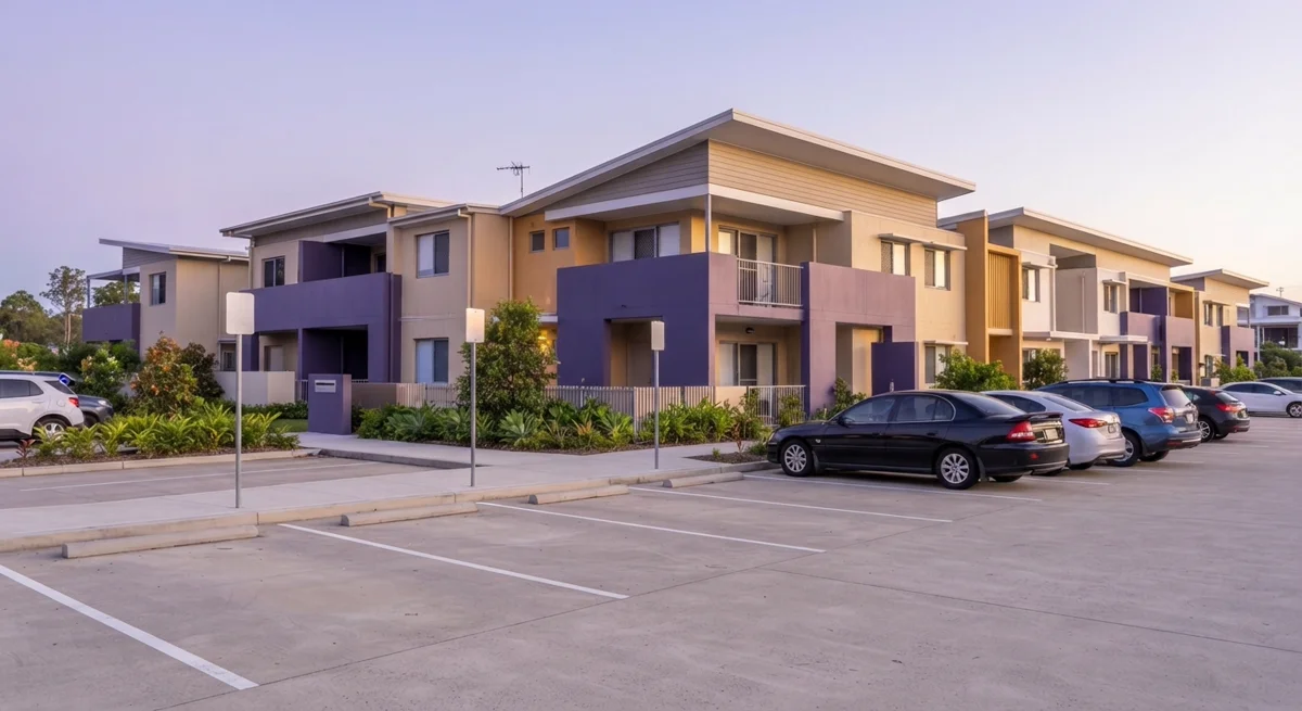 A row of clearly signed apartment building visitor parking bays with soft morning light and royal purple accents