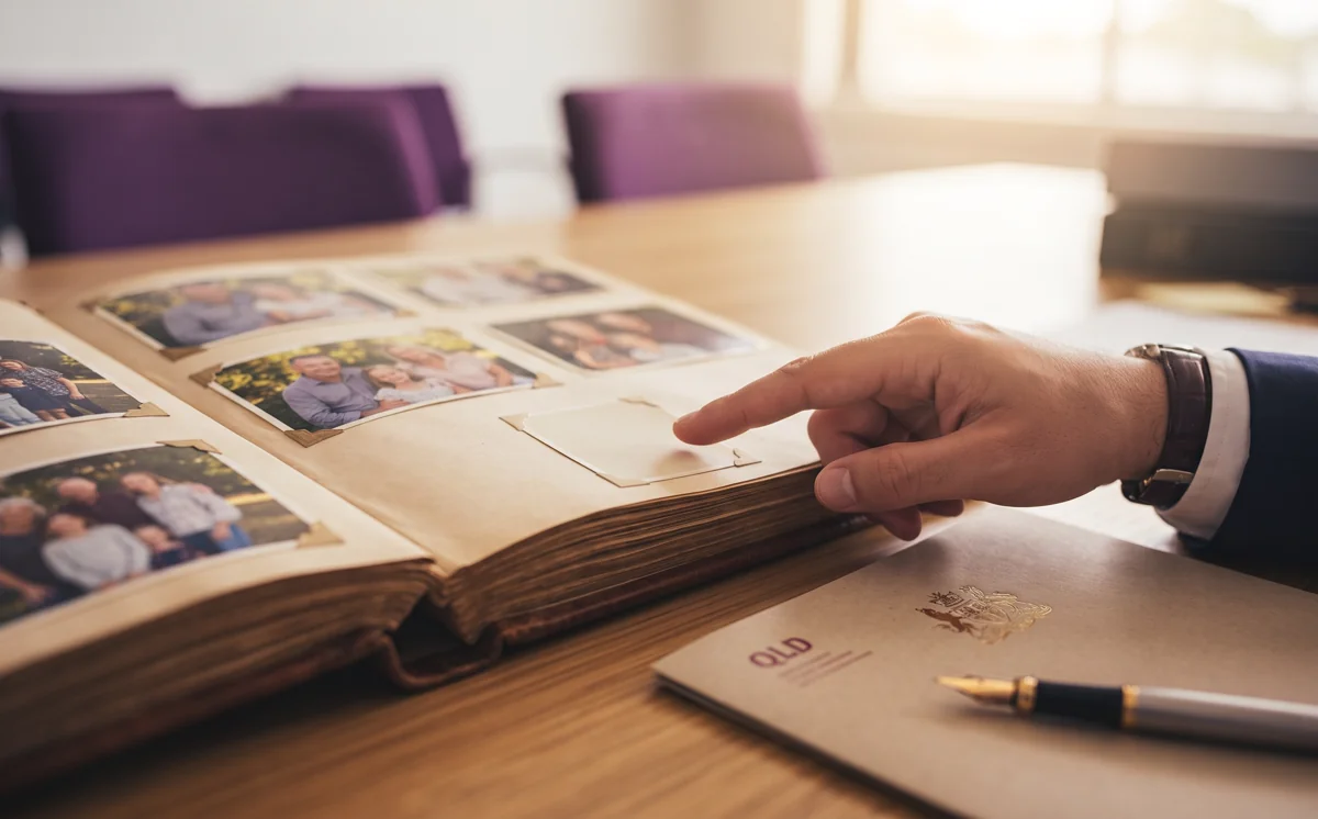 An older man's hands resting on a closed folder of family papers beside a pair of reading glasses at a sunlit desk with purple and gold accents