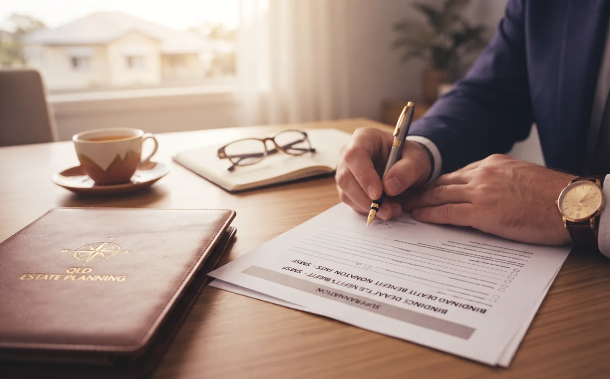 A woman's hand signing a superannuation nomination form beside a will folder at a calm home office desk with royal purple and gold tones