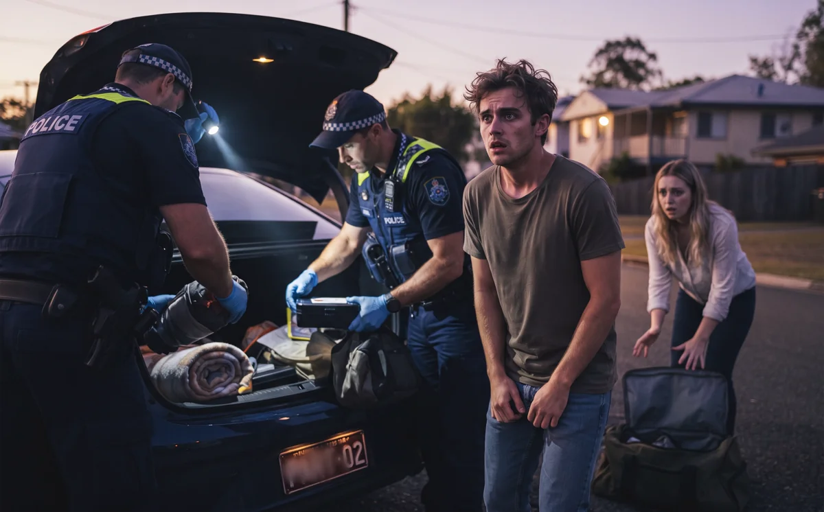 A closed car boot and an unopened backpack on the rear seat viewed through a window at dusk in soft purple and gold light, representing consent to a vehicle search