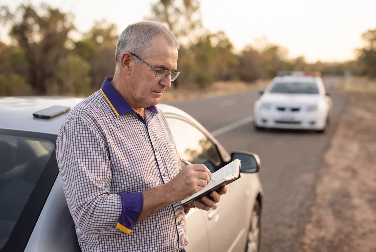 An older driver calmly noting details after a completed roadside breath test beside a safely parked car