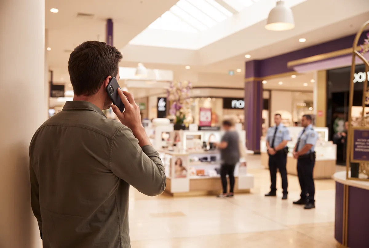A bystander discreetly calling police while observing a suspected shoplifting incident from a safe distance in a modern shopping centre