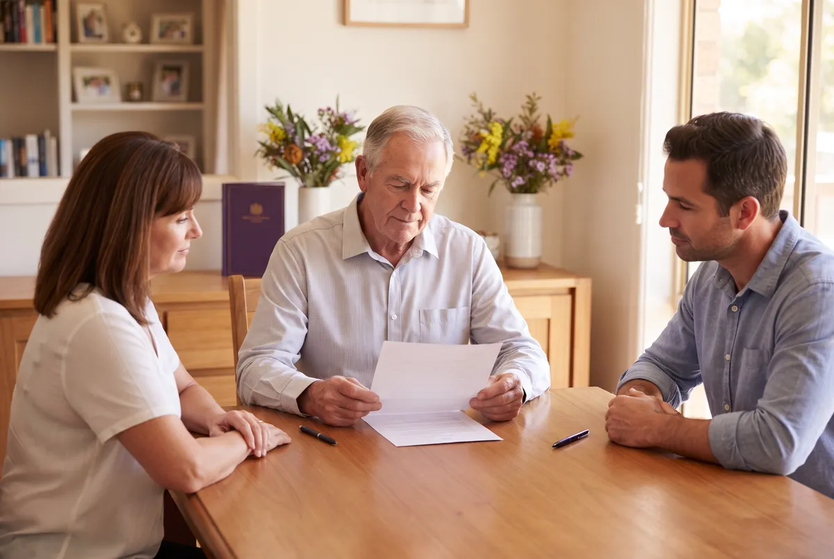 An older person reviewing a simple will with two independent adult witnesses at a home table