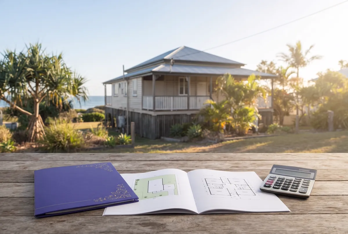 A coastal Queensland home with a valuation notice and calculator on a desk