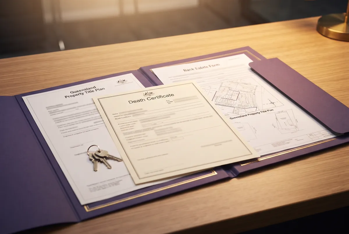 A death certificate, bank estate form and Queensland property title arranged for an estate administration