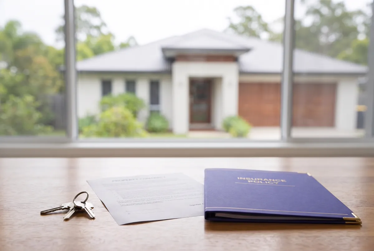 A Queensland home beside a signed property contract and insurance policy during the settlement period